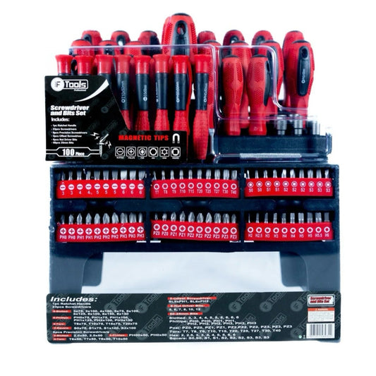 Set of red screwdrivers in a black storage case on a white background