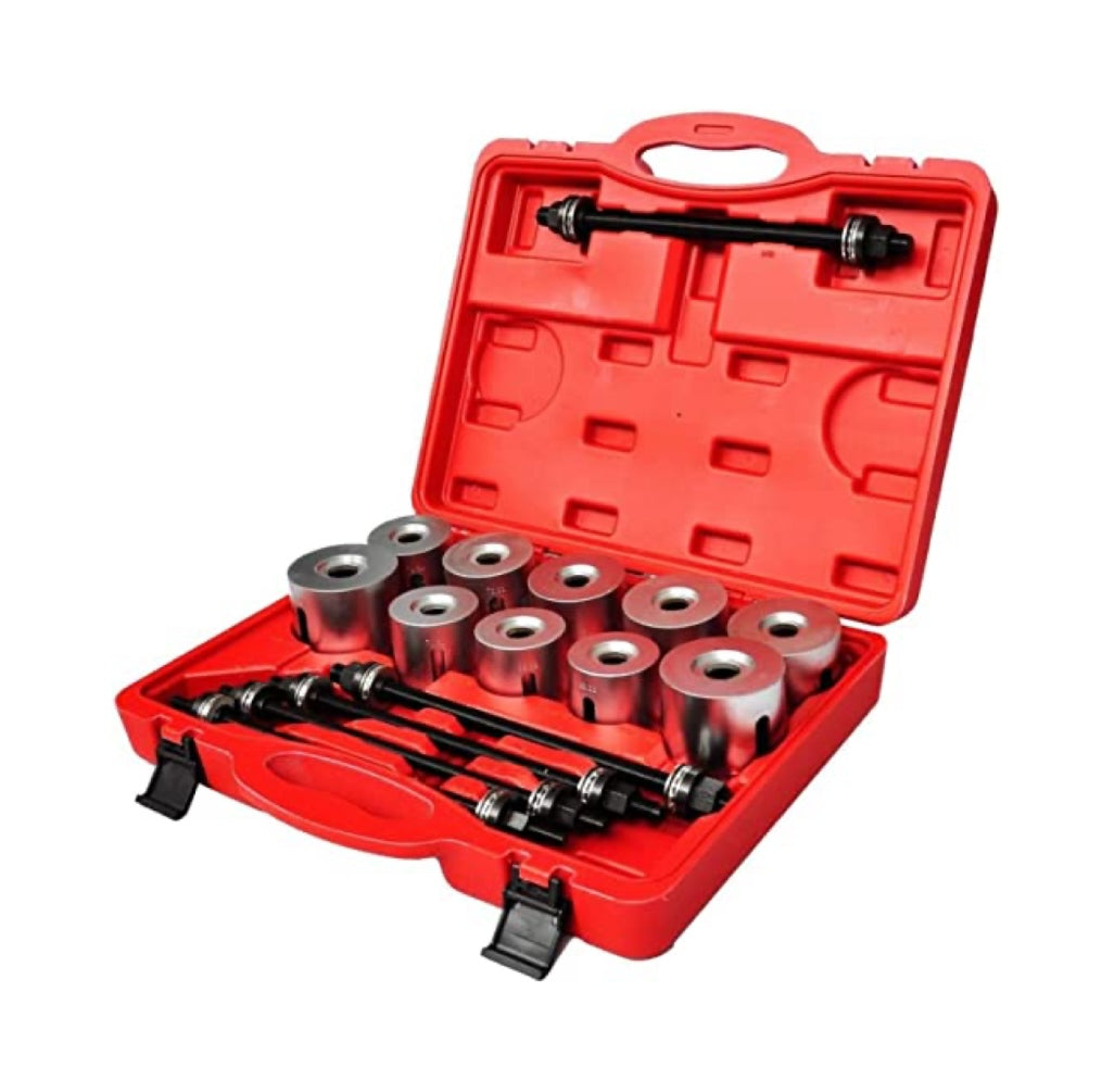 Red tool kit with metal components on a white background