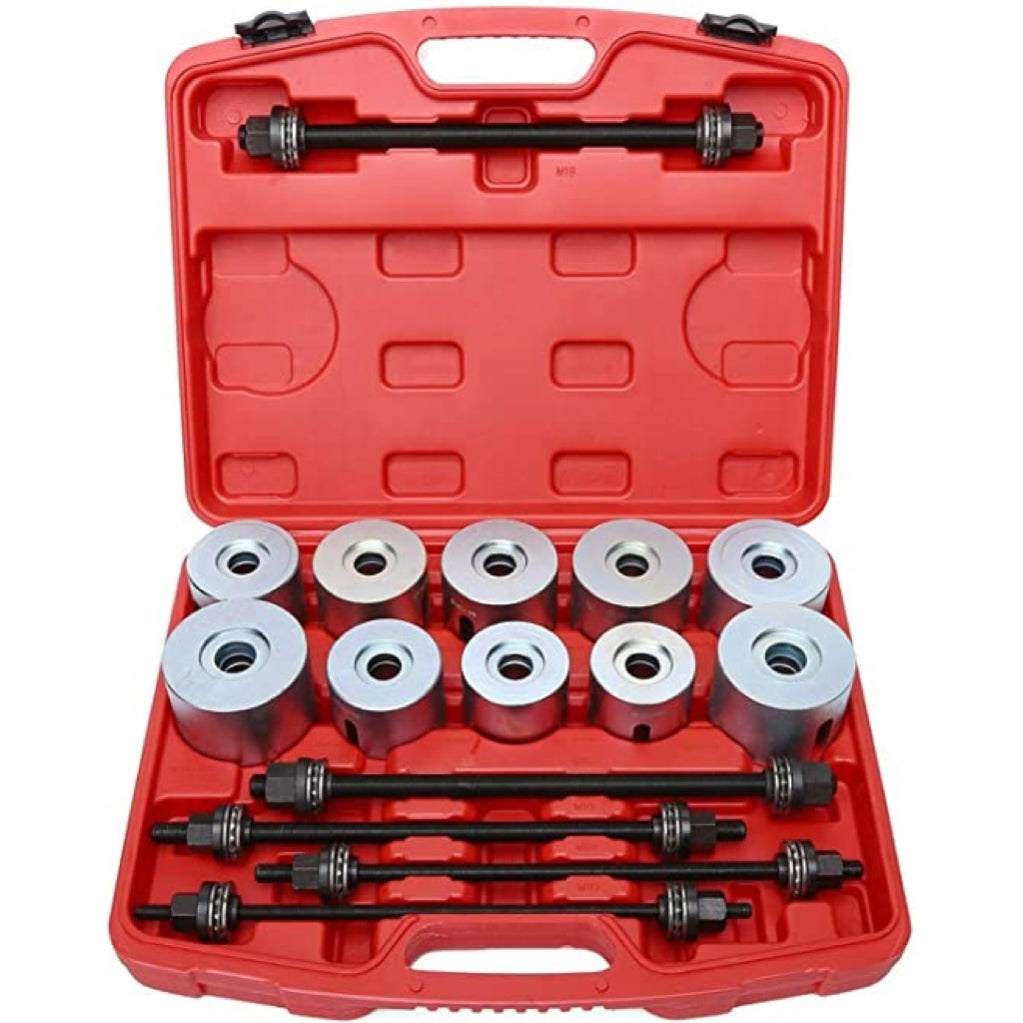 Mechanical tool set with metal components in a red case on a white background
