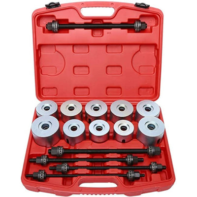 Mechanical tool set with metal components in a red case on a white background
