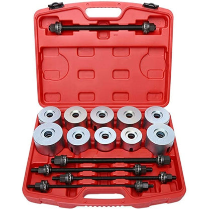 Mechanical tool set with metal components in a red case on a white background