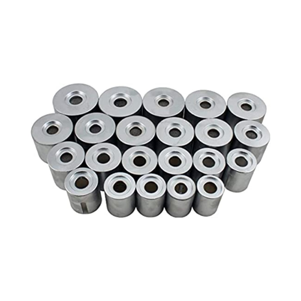Multiple metal bushings stacked on a white background