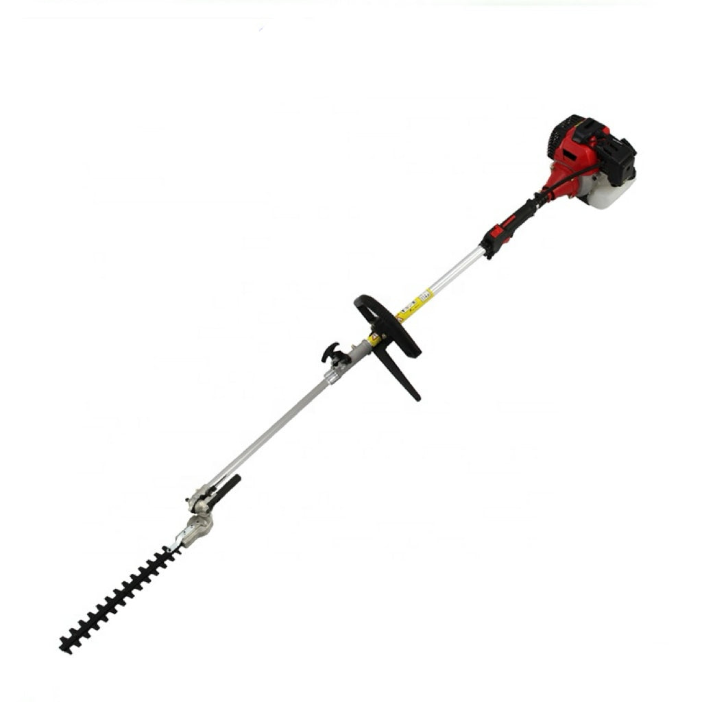 Gardening tool, specifically a hedge trimmer with a red and black handle on a white background
