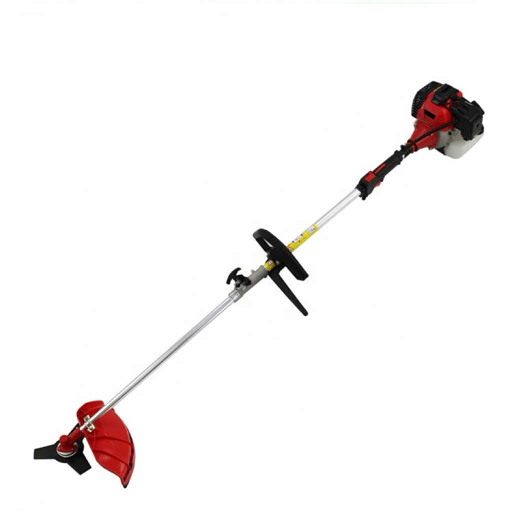 Red and black string trimmer on a white background