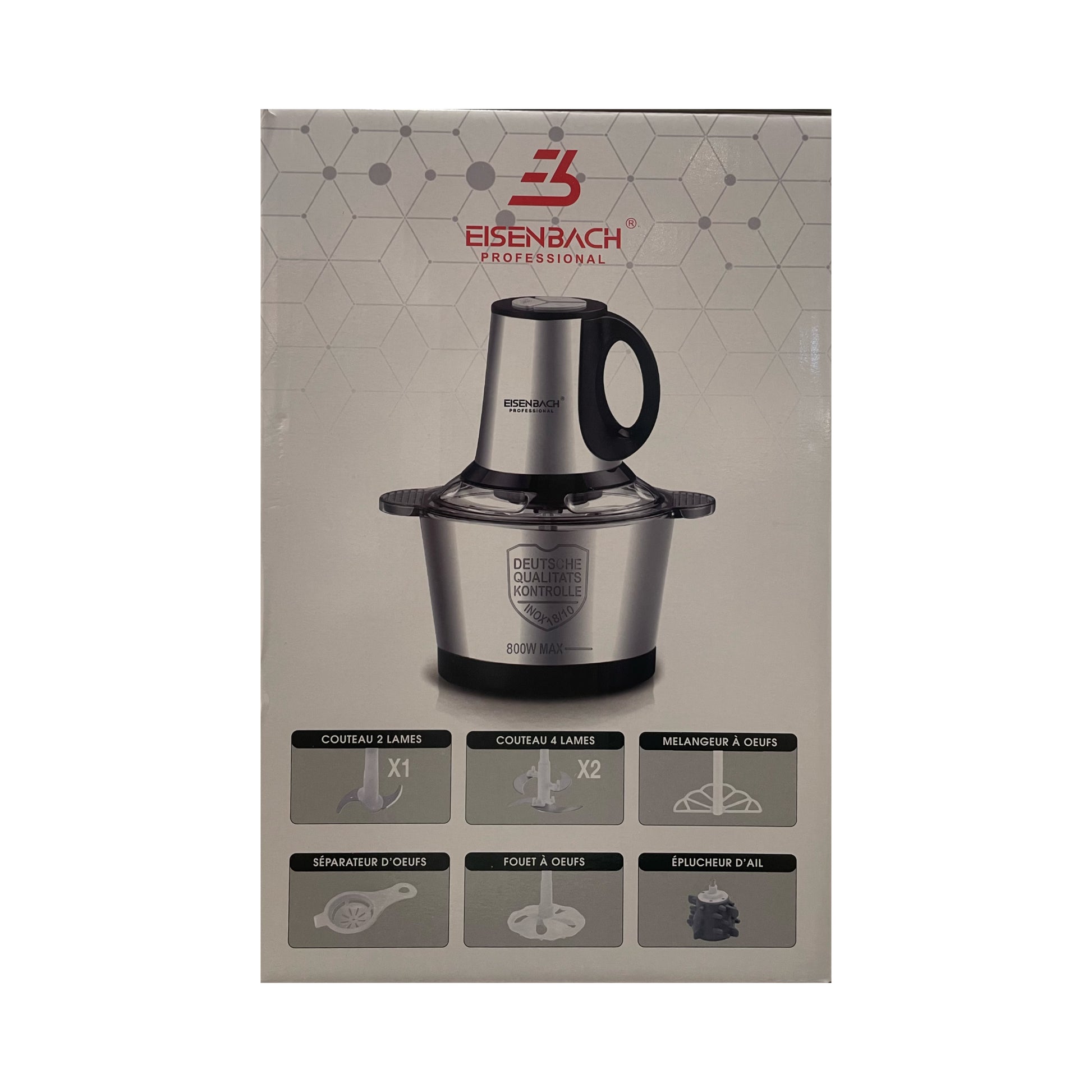 Eisenbach professional kitchen chopper packaging with product image and features on a beige background