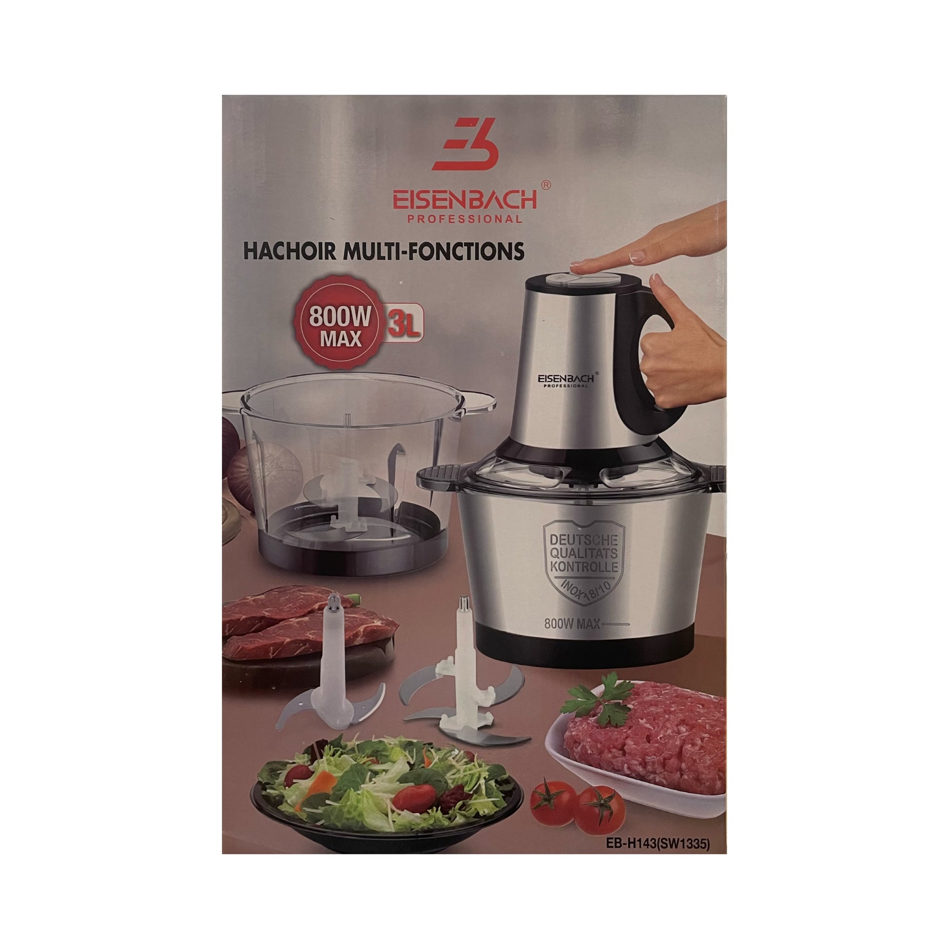 Eisenbach food processor with attachments on a white background