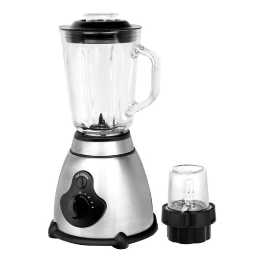 Stainless steel blender with clear jar and black accents on a white background