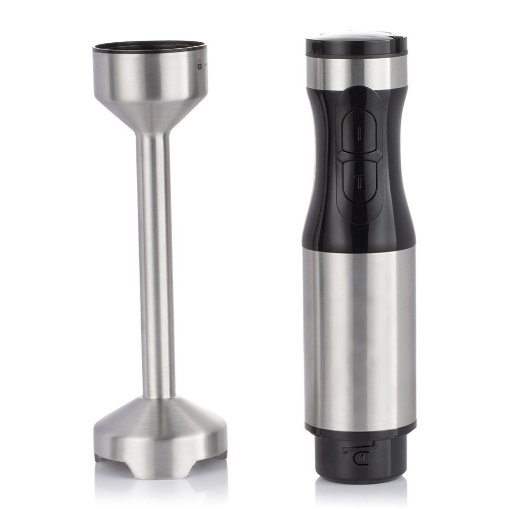 Handheld blender with a detachable metal blade on a white background