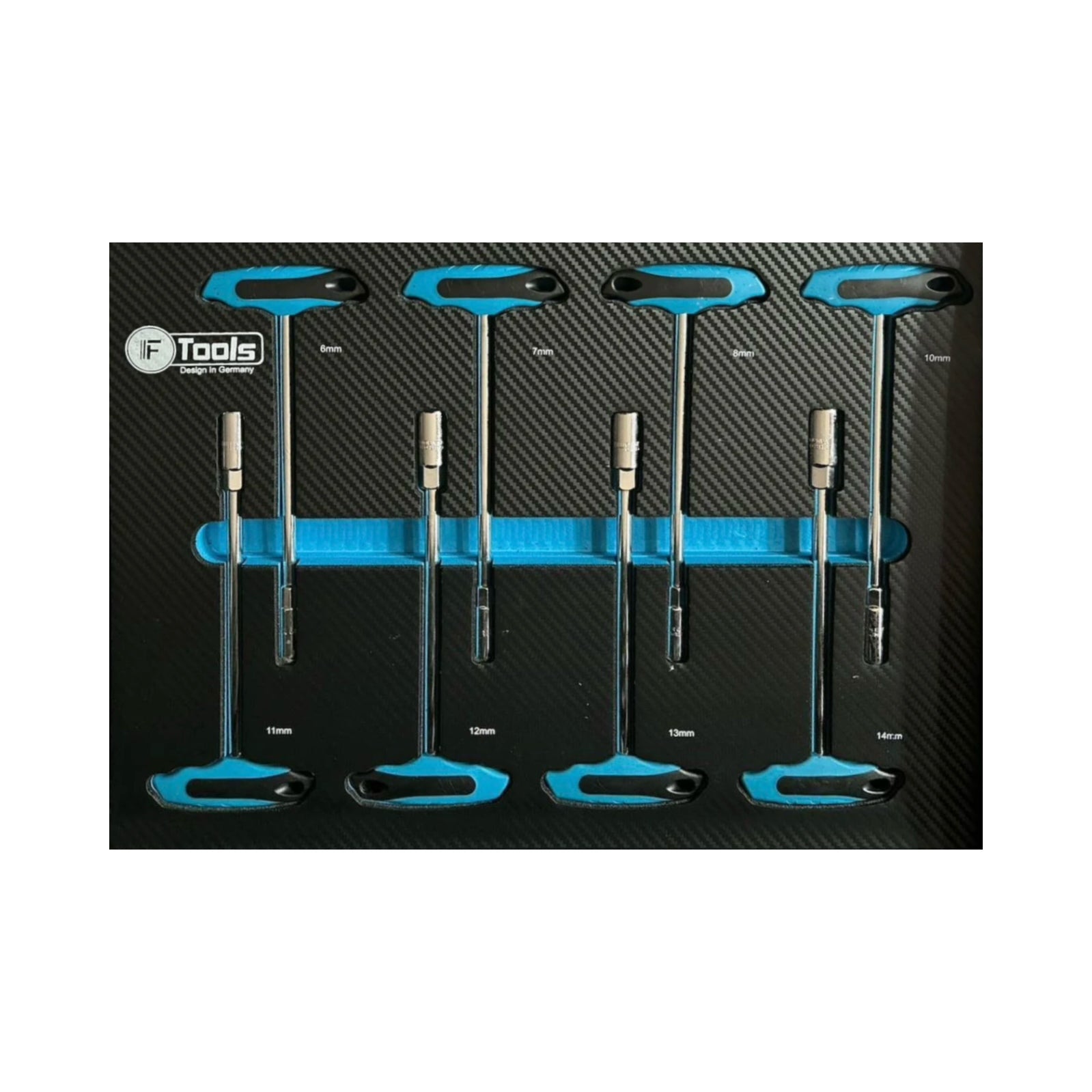 Set of tools with blue accents on a black background