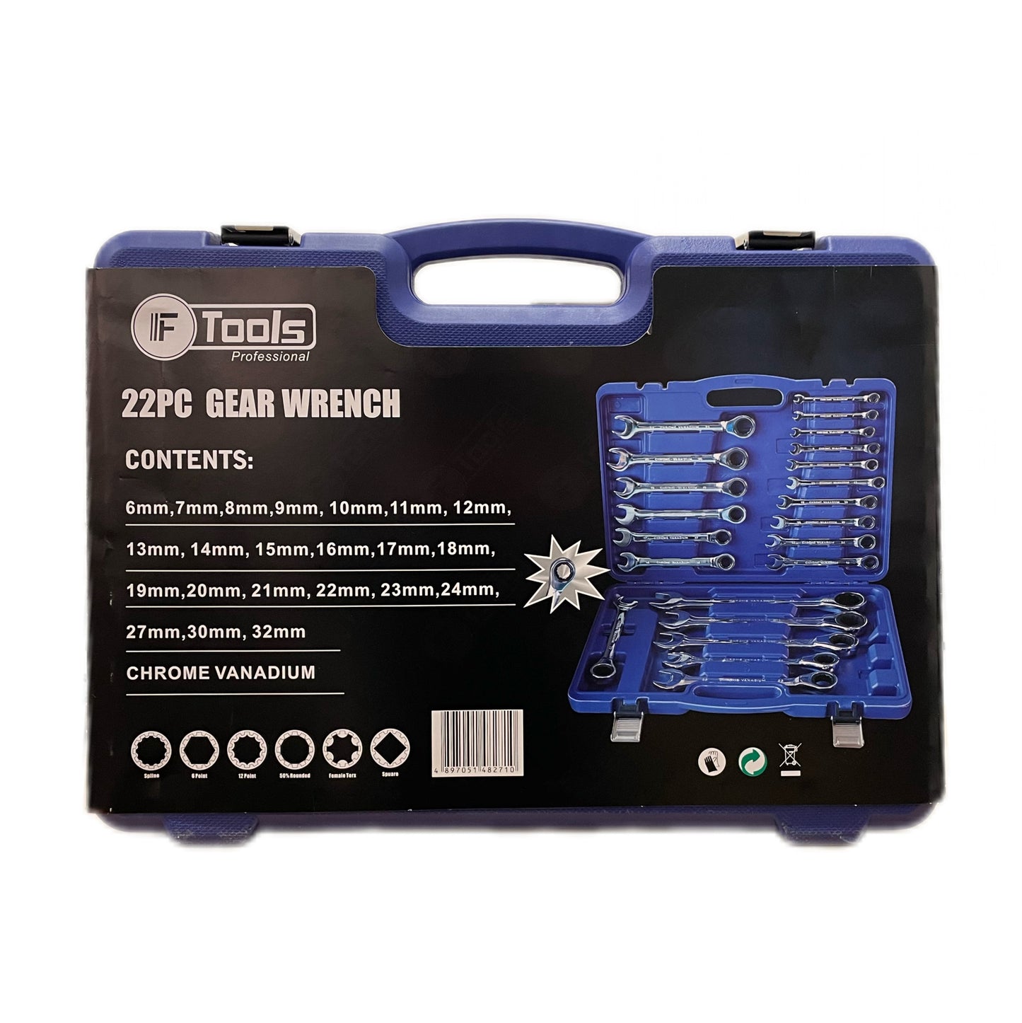 22-piece gear wrench set in a blue and black case with tool brand visible.