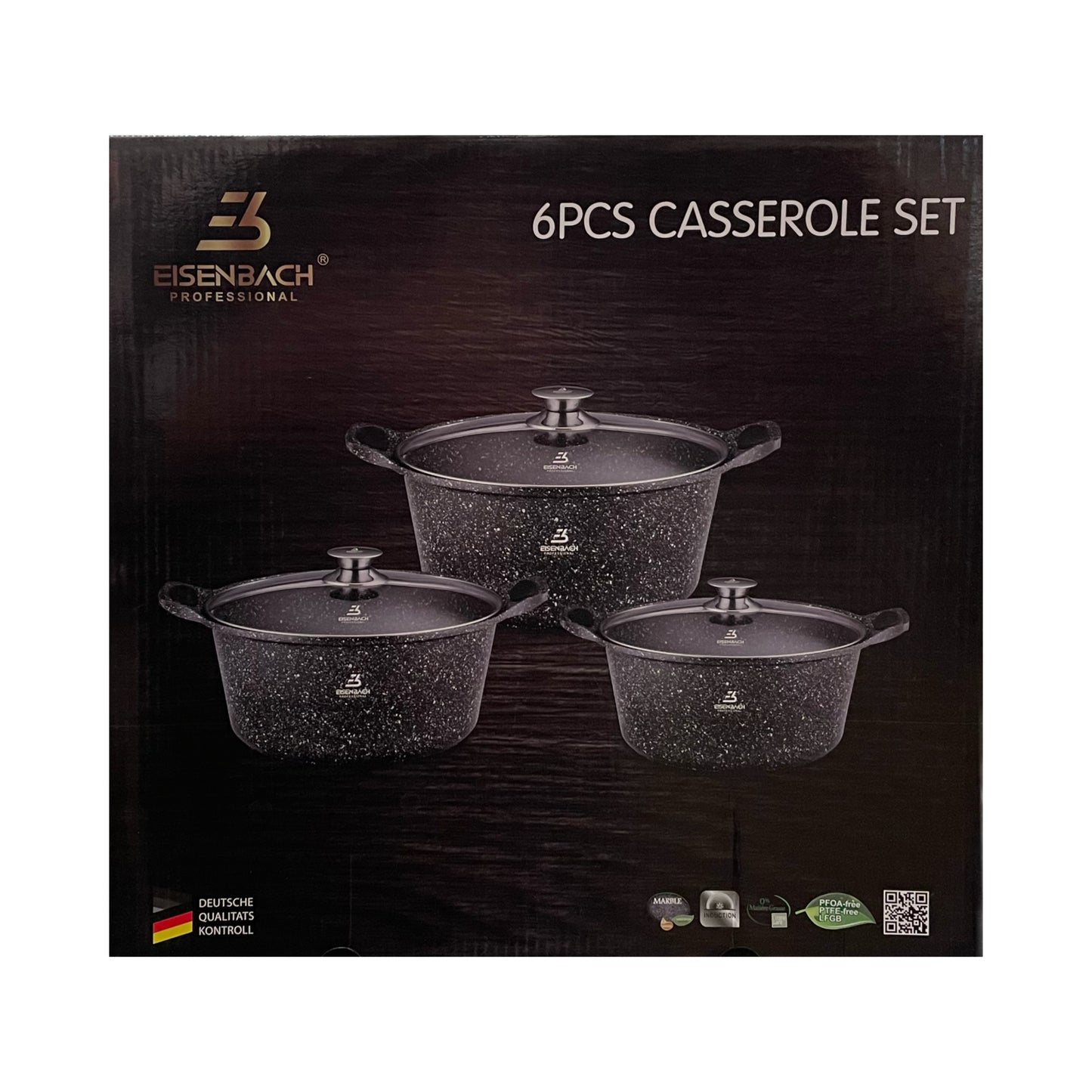 Box of Eisenbach 6-piece casserole set with three casseroles on a dark background.