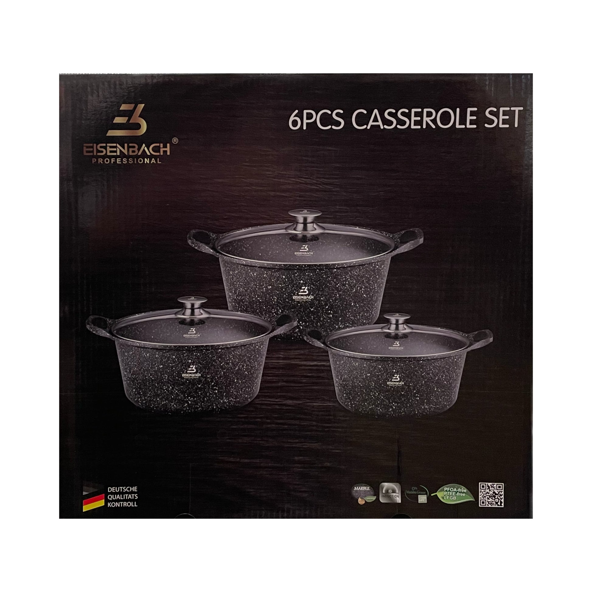 Box of Eisenbach 6-piece casserole set with three casseroles on a dark background.