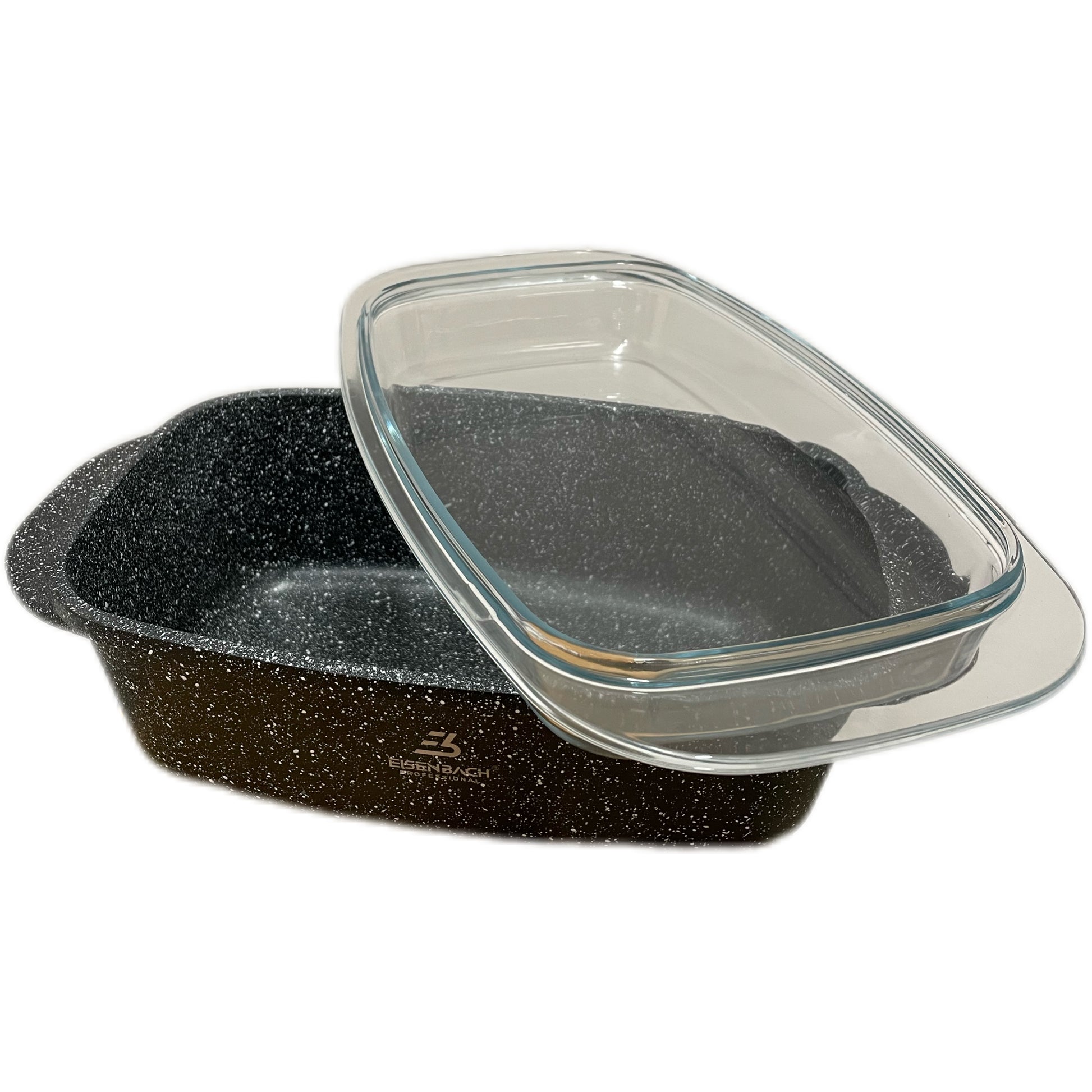 Glass baking dish with speckled black base on a white background