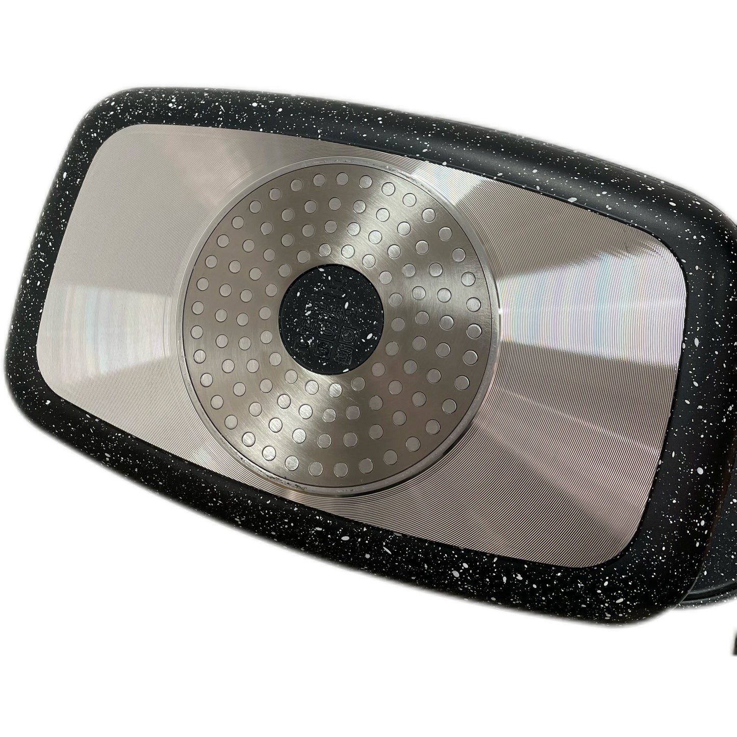 Car mirror with black speckled frame and metallic surface on a white background