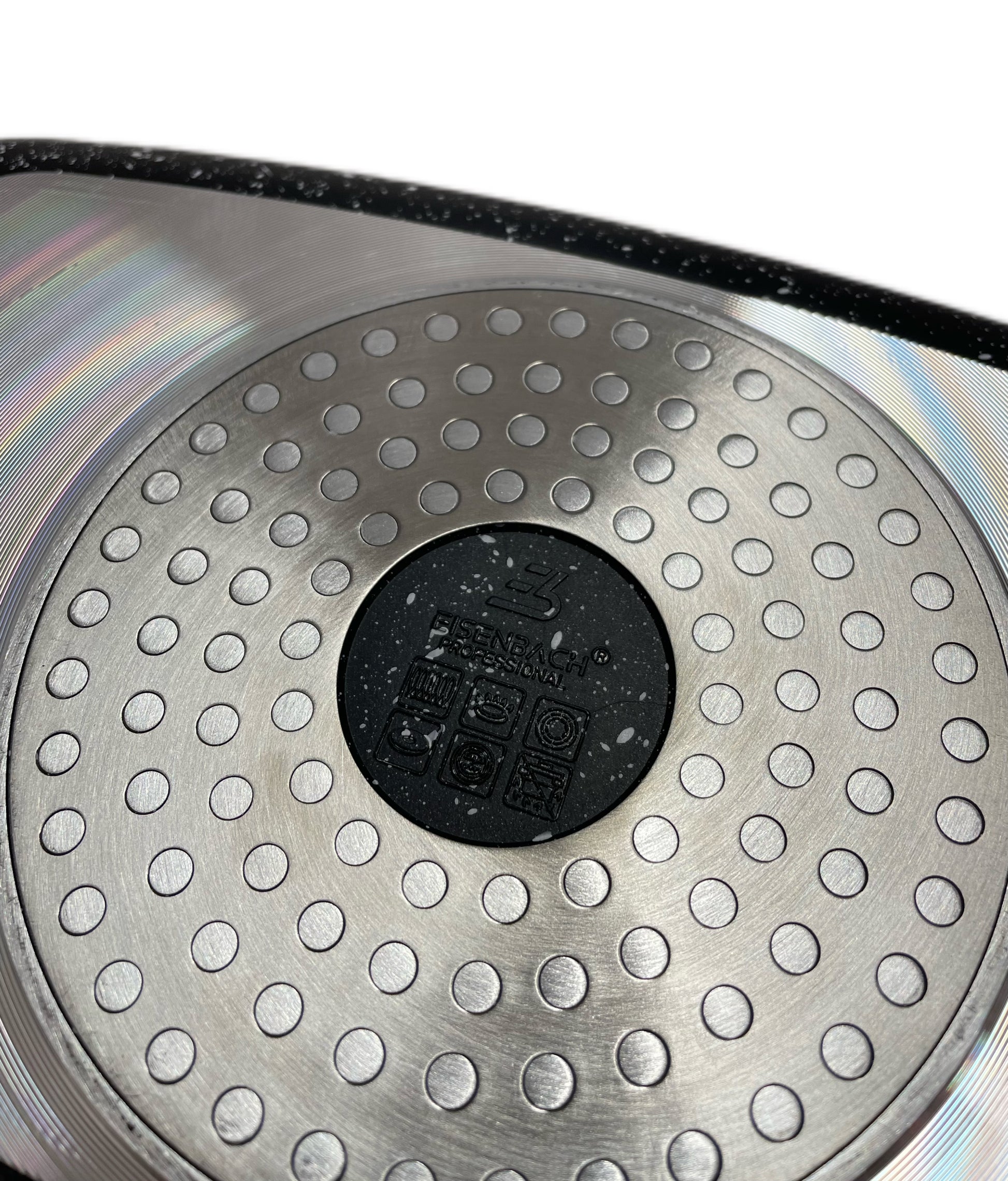 Metallic disc with circular holes and a central black component on a white background
