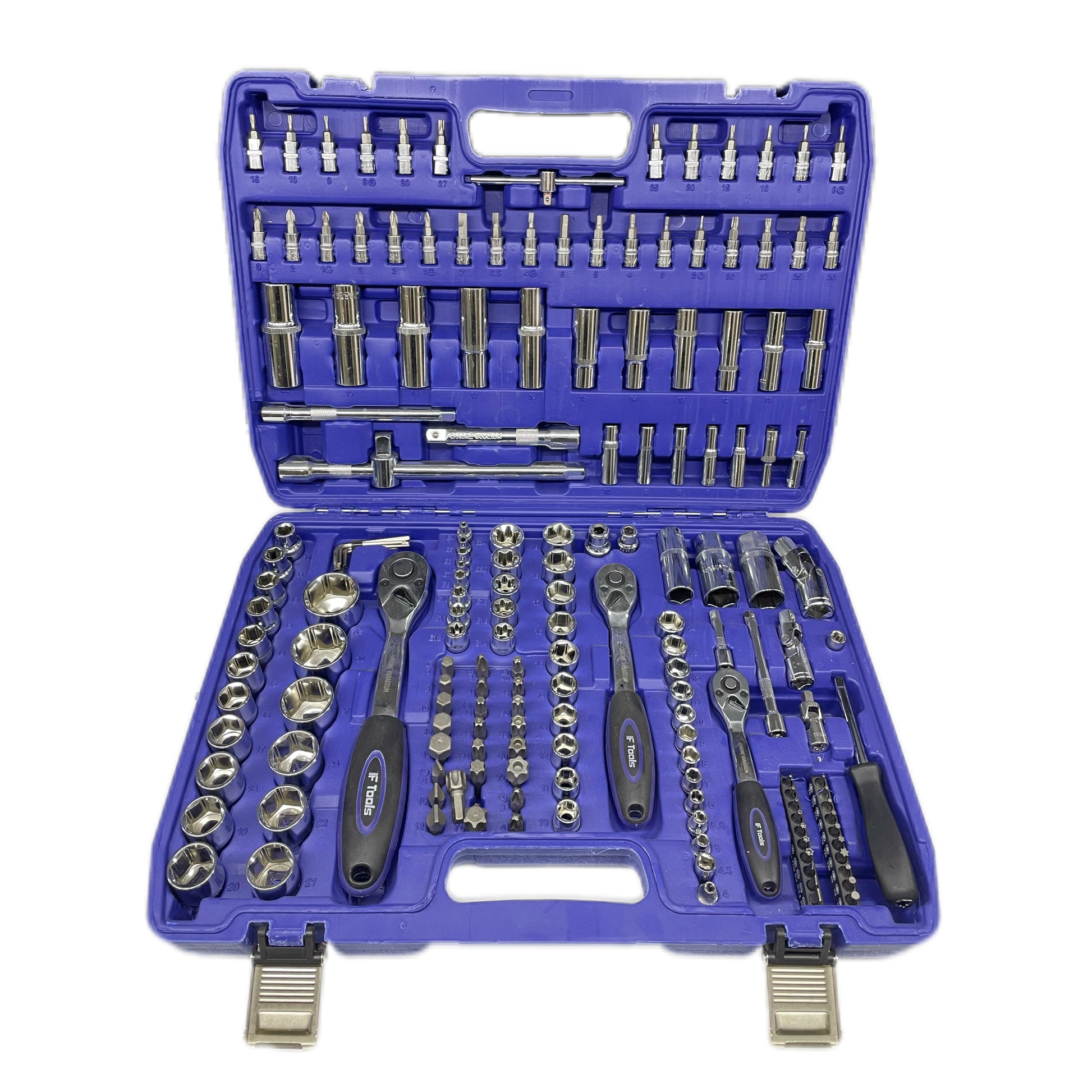 Zils instrumentu komplekts ar dažādiem instrumentiem futrālī uz balta fona