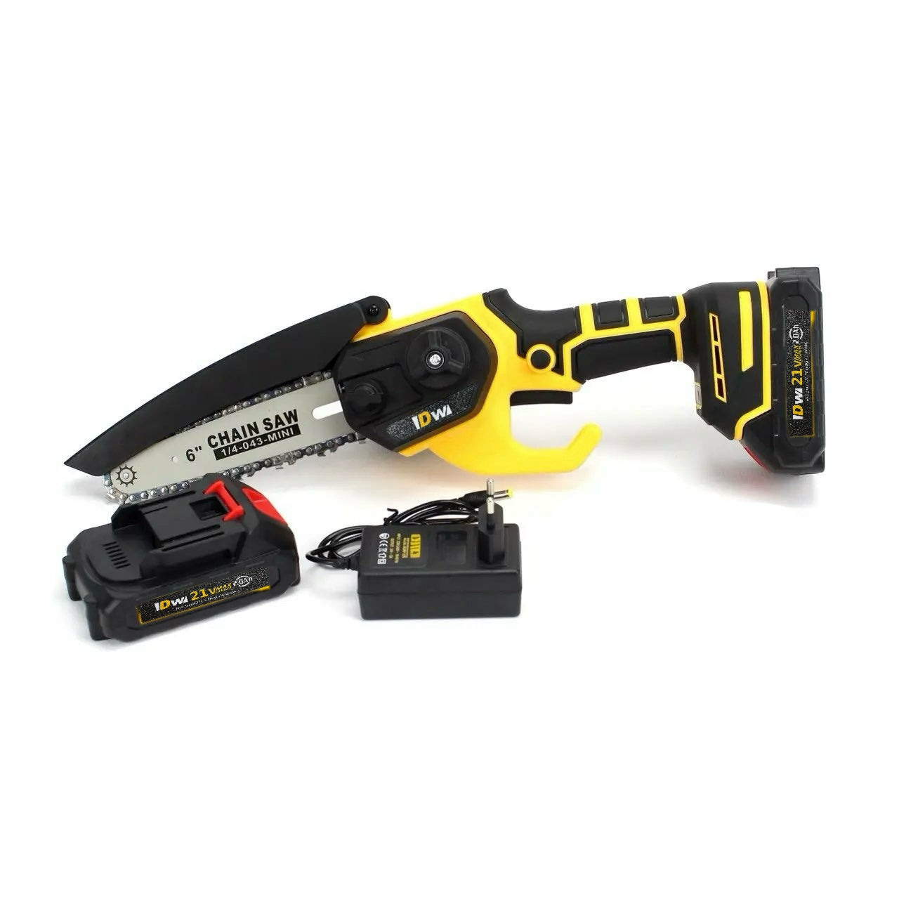 Handheld chain saw with battery and charger on a white background