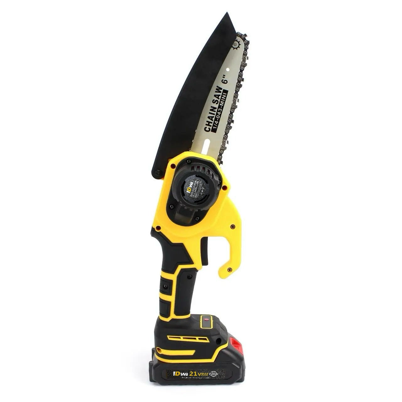 Yellow and black chain saw on a white background