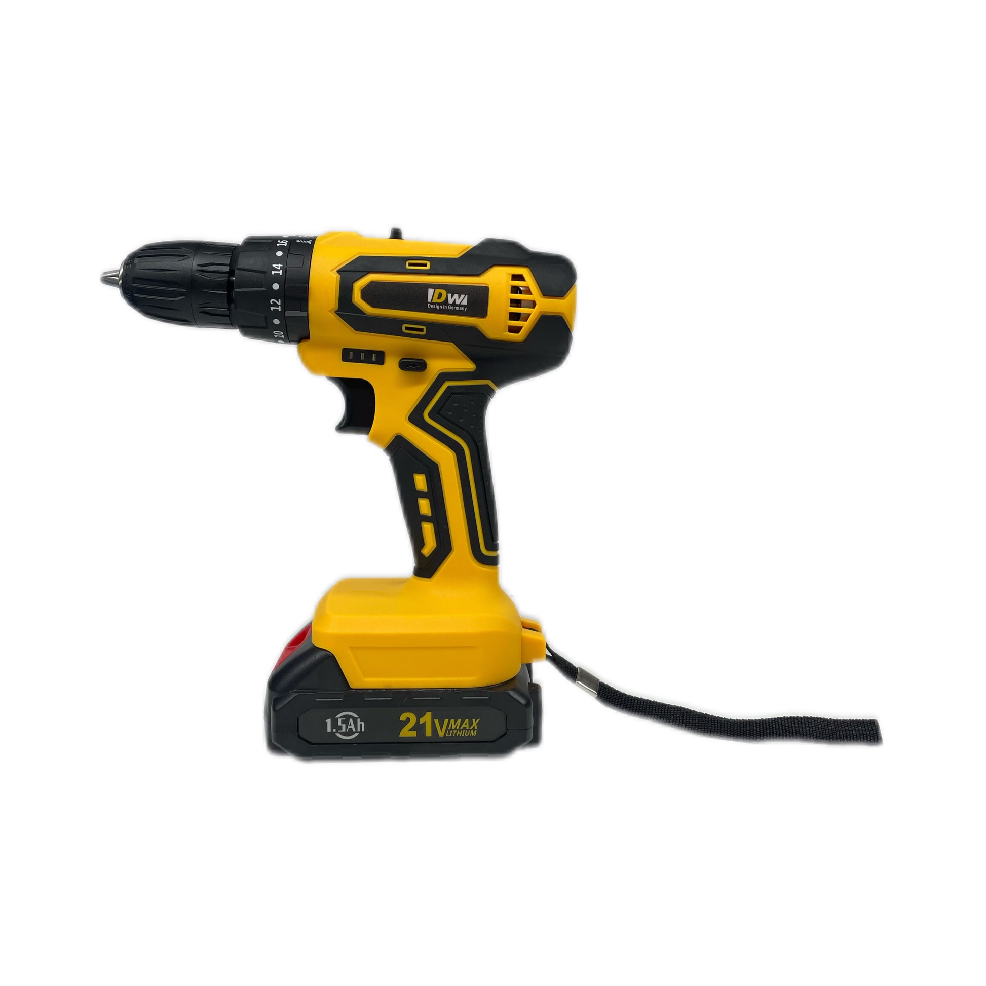 Yellow and black cordless drill on a white background