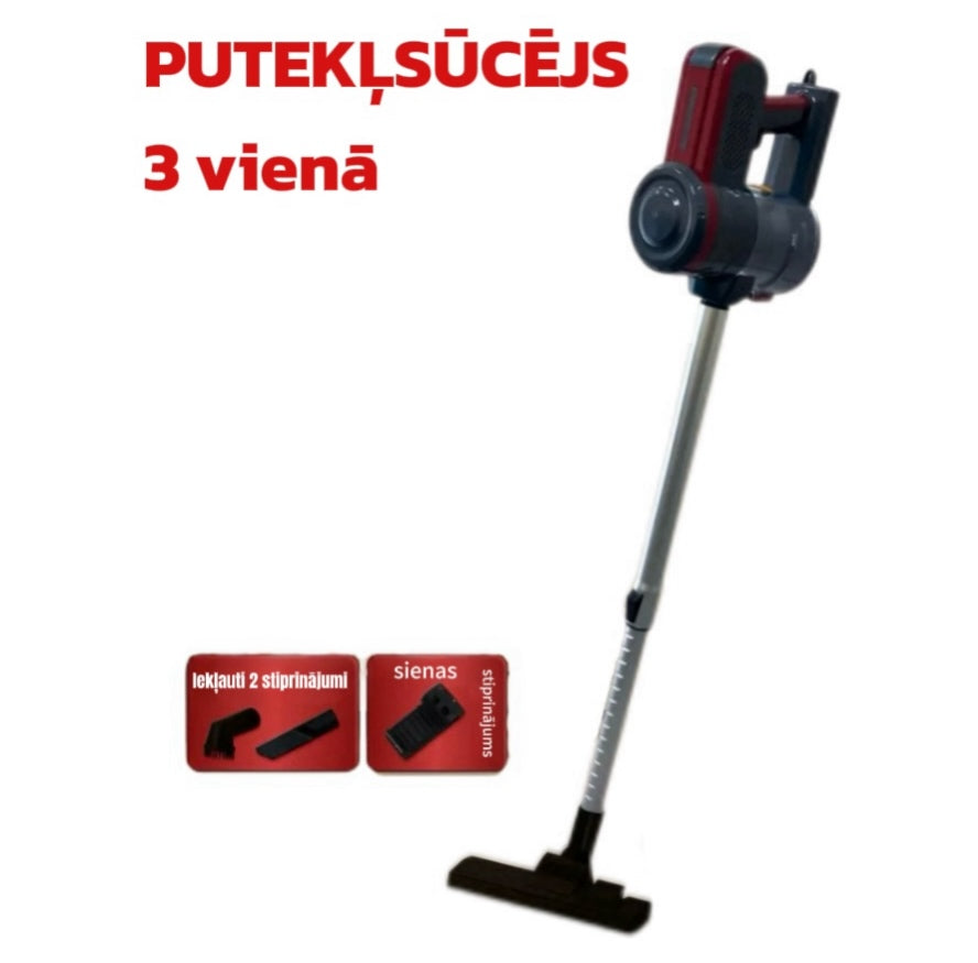 Red and black vacuum cleaner with attachments on a white background