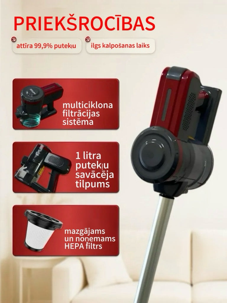 Putekļsūcējs ar ciklofiltru uz smilškrāsas fona