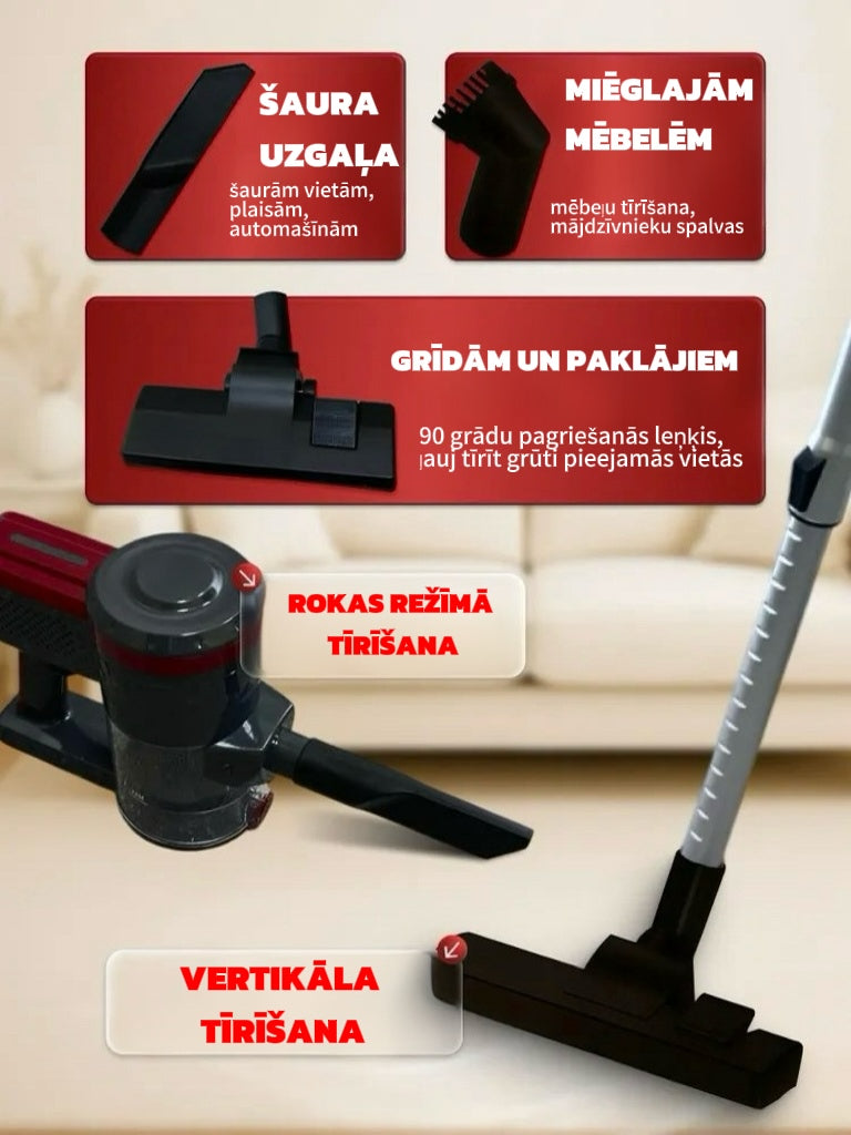 Vacuum cleaner attachments with red labels on a beige background