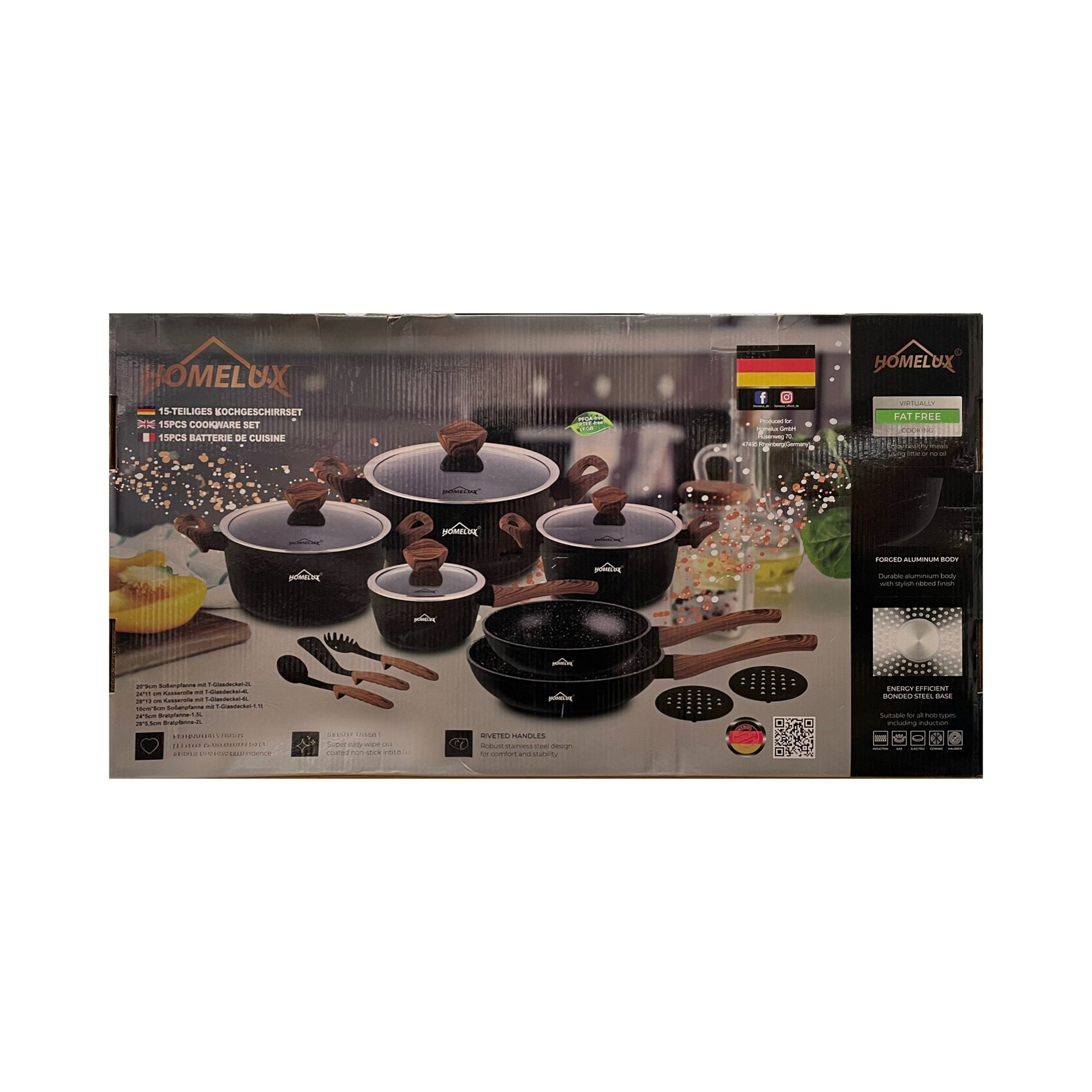 Homelux cookware set packaging on a white background