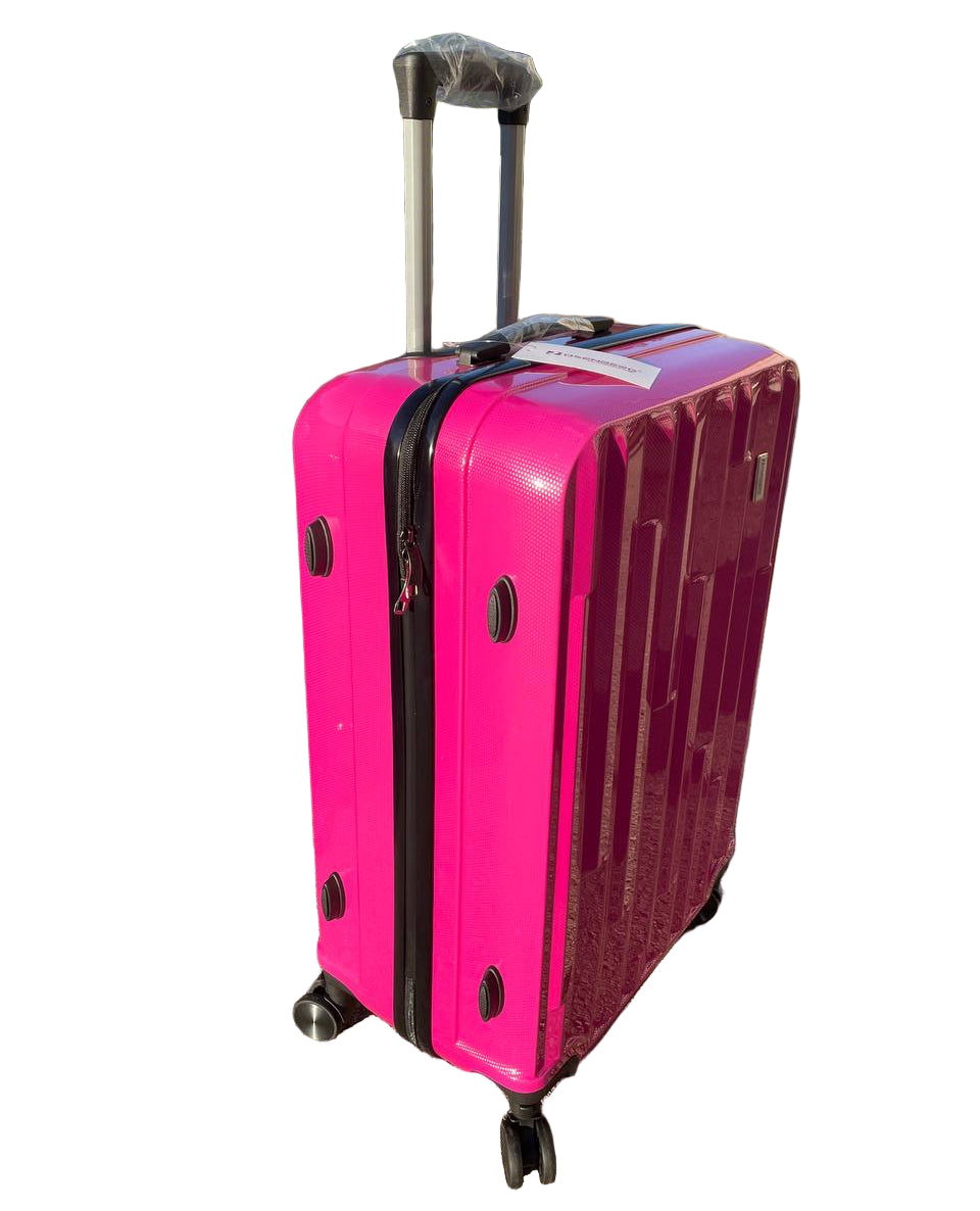 Pink suitcase with a black handle on white background