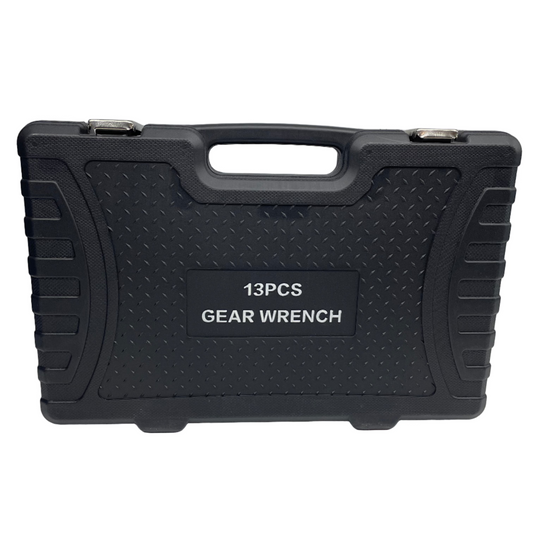 Black toolbox with '13PCS GEAR WRENCH' text on a gray background