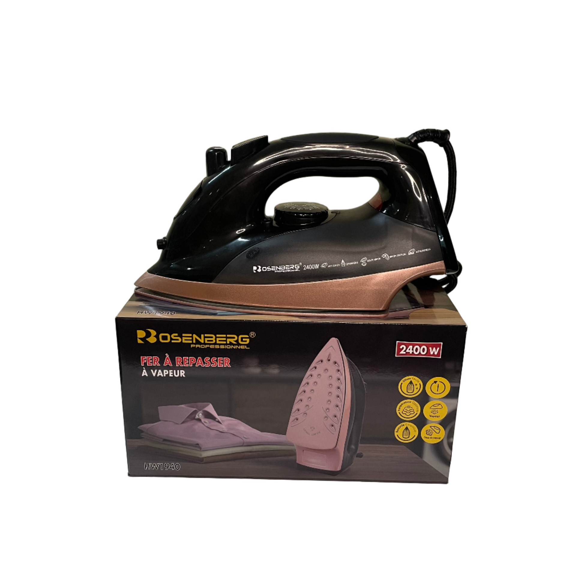 Утюг Rosenberg с парогенератором на белой поверхности