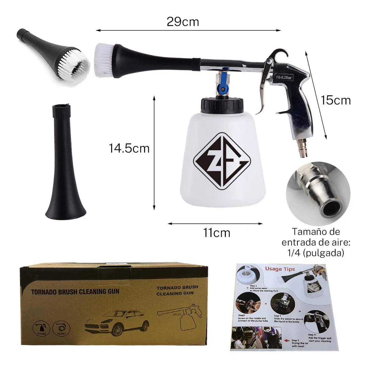 A pneumatic gun for dry cleaning car interiors, known as the "Tornador".
