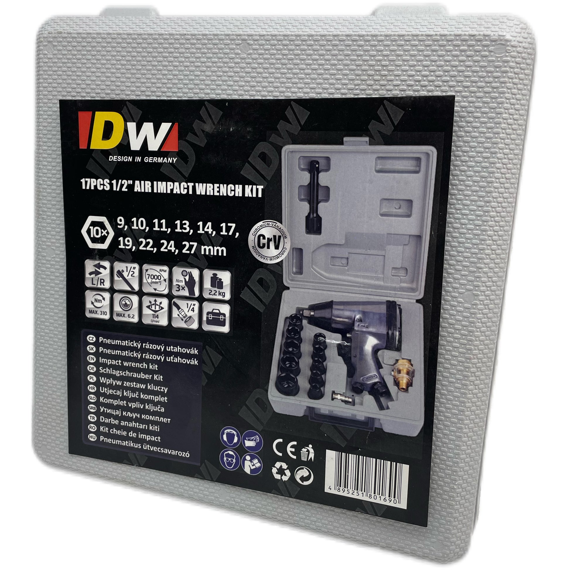 DW air impact wrench kit packaging with tool illustrations and specifications.