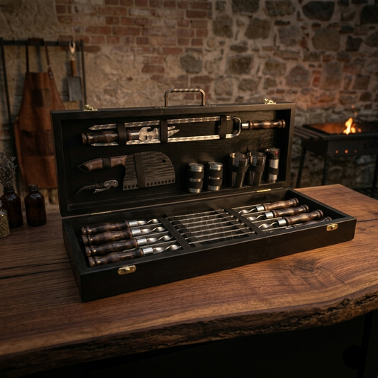 Profesionāls BBQ dāvanu komplekts "Grand-Master" augstākās kvalitātes koka kastītē