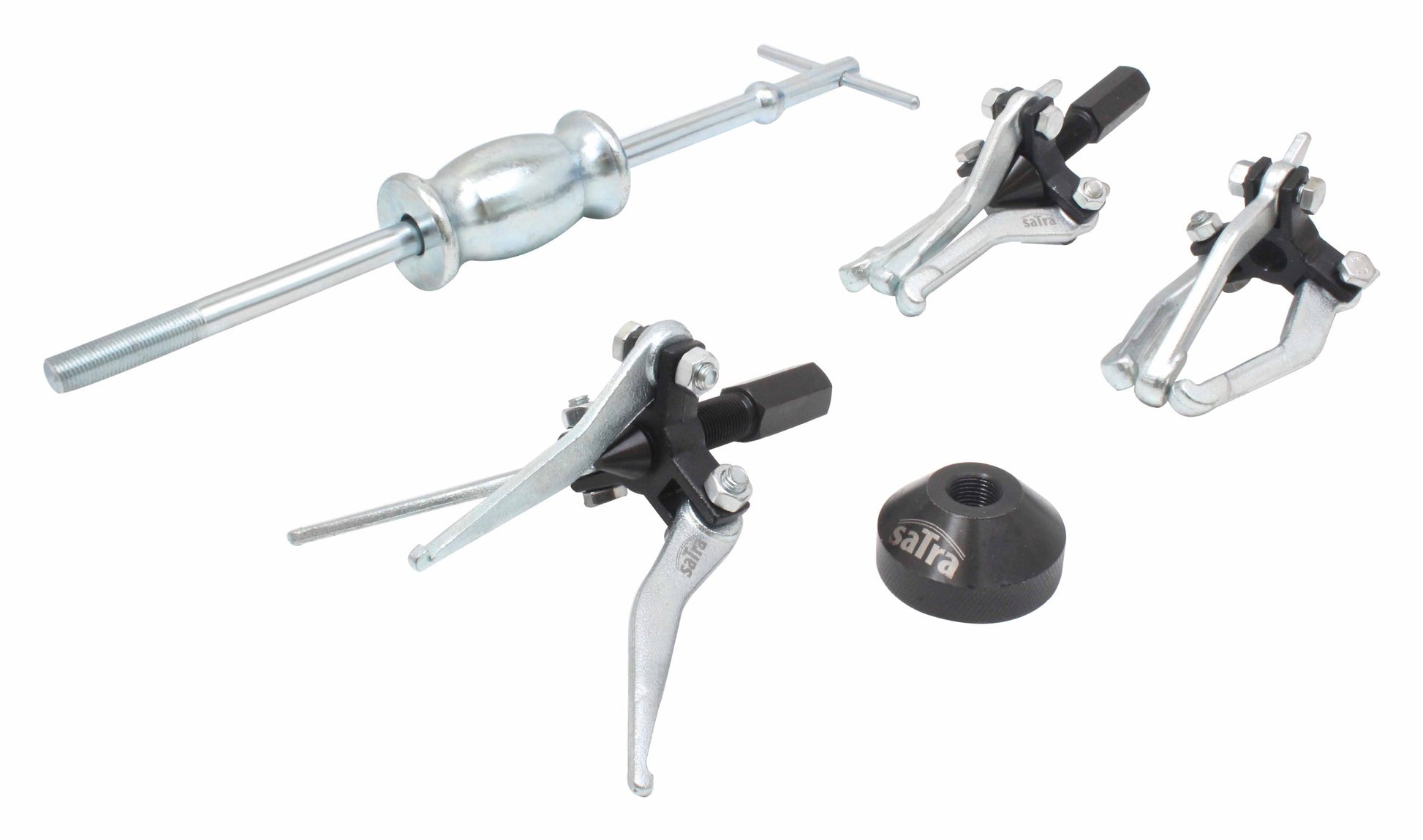 Universal SATRA puller with a slide hammer, suitable for gears, ball/needle bearings, bushings, seals of the simering and o-ring type – internal and external. The appropriate construction made of hardened steel and the force of the hammer enable trouble-free dismantling of tightly seated bearings.