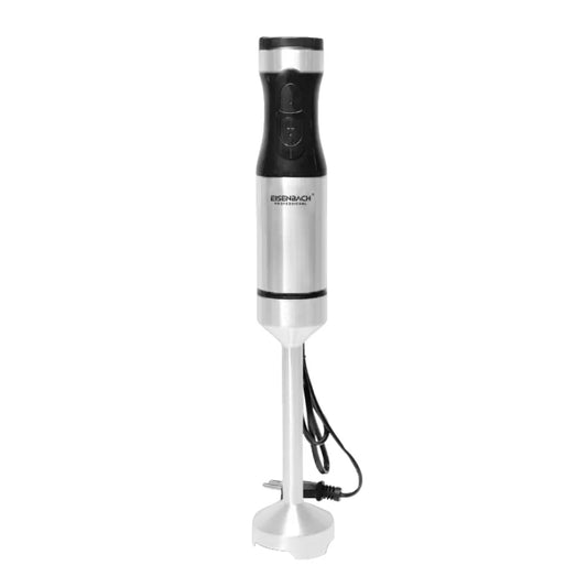 Hand blender with a black and silver design on a white background