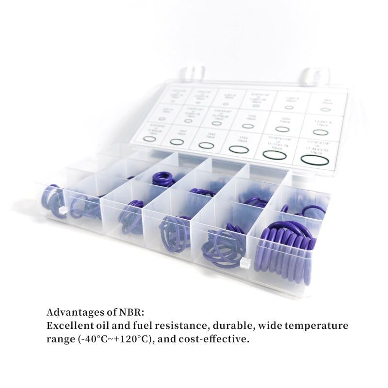 Zilo O veida gredzenu asorti komplekts (blīvgredzeni kondicionēšanas sistēmām) 03-1024 – 270 gab., 18 izmēri (NBR gumija)