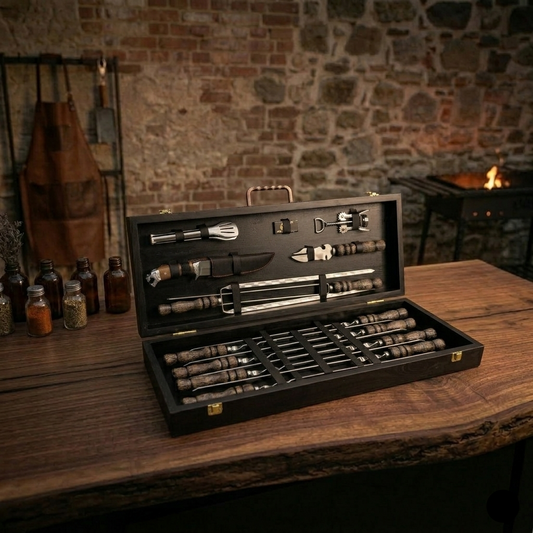 "Mednieks" Premium grila un iesma dāvanu komplekts koka kastītē