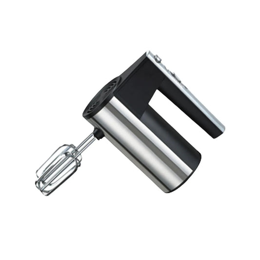 A hand mixer with a stainless steel body and black accents, equipped with a whisk attachment.