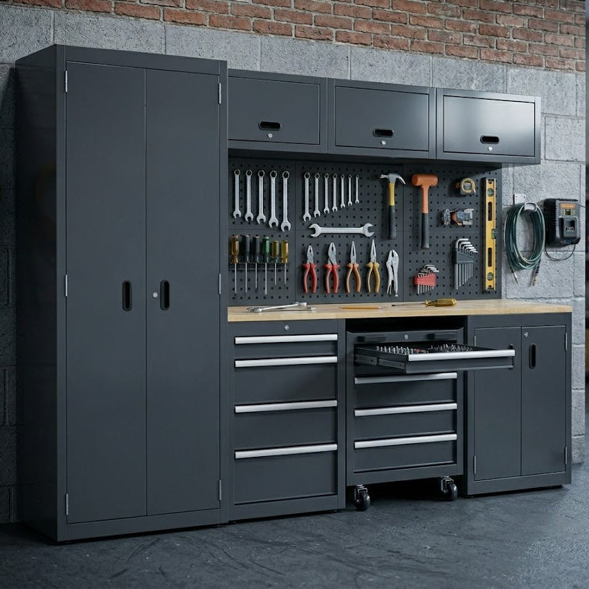 Workshop workbench with cabinets and drawers 17-0001