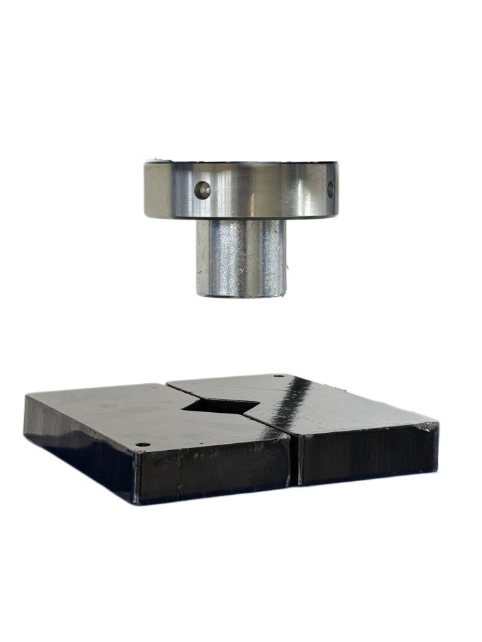 Metal component with a square base and cylindrical top on a white background
