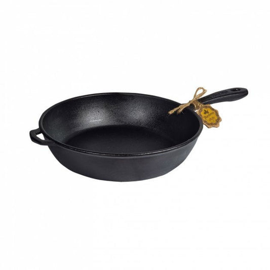 Black cast iron pan with a handle on a white background