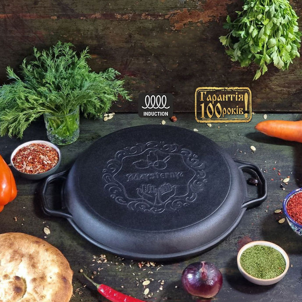 Black cast iron skillet with branding on a rustic wooden surface with ingredients