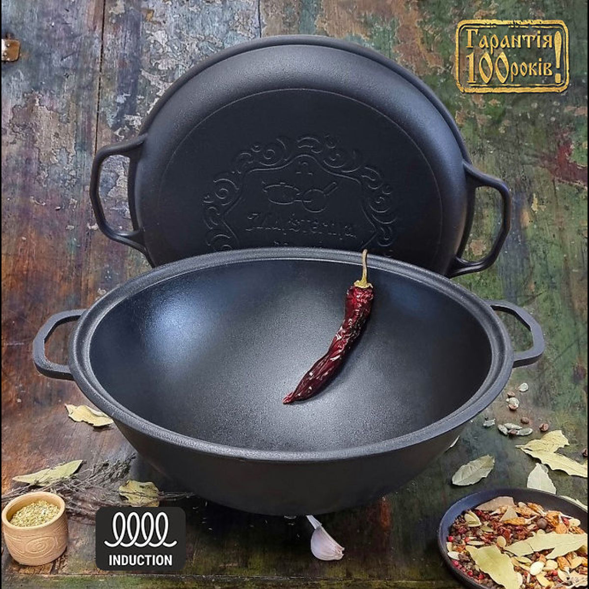 Black cast iron cookware set with a dried red chili pepper on a rustic background