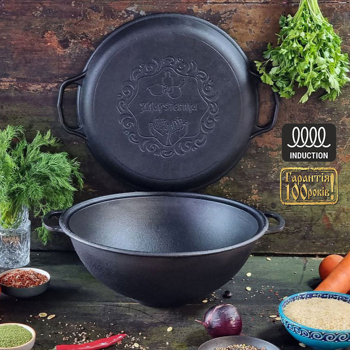 Cast iron cauldron, 8L, Ø34 cm, weight 9.79 kg, with frying pan lid (T405CP)
