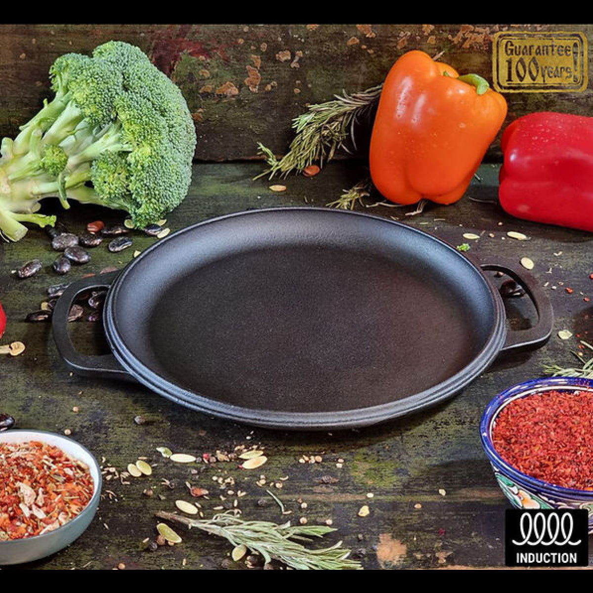 Black cast iron skillet on a rustic wooden surface with vegetables and spices around