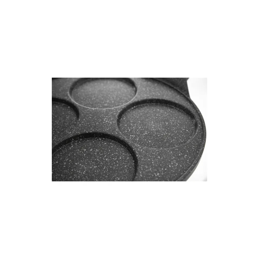 Black speckled non-stick frying pan on a white background