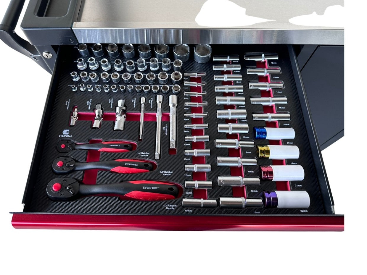 Everforce instrumentu ratiņi - 7 atvilktnes, 7 pilnas atvilktnes, 226 gabali, 04-1010, iegādājieties instrumentu komplektu Rīgā: sprūdrata atslēgas, uzgaļi, uzgaļi, uzgriežņu atslēgas