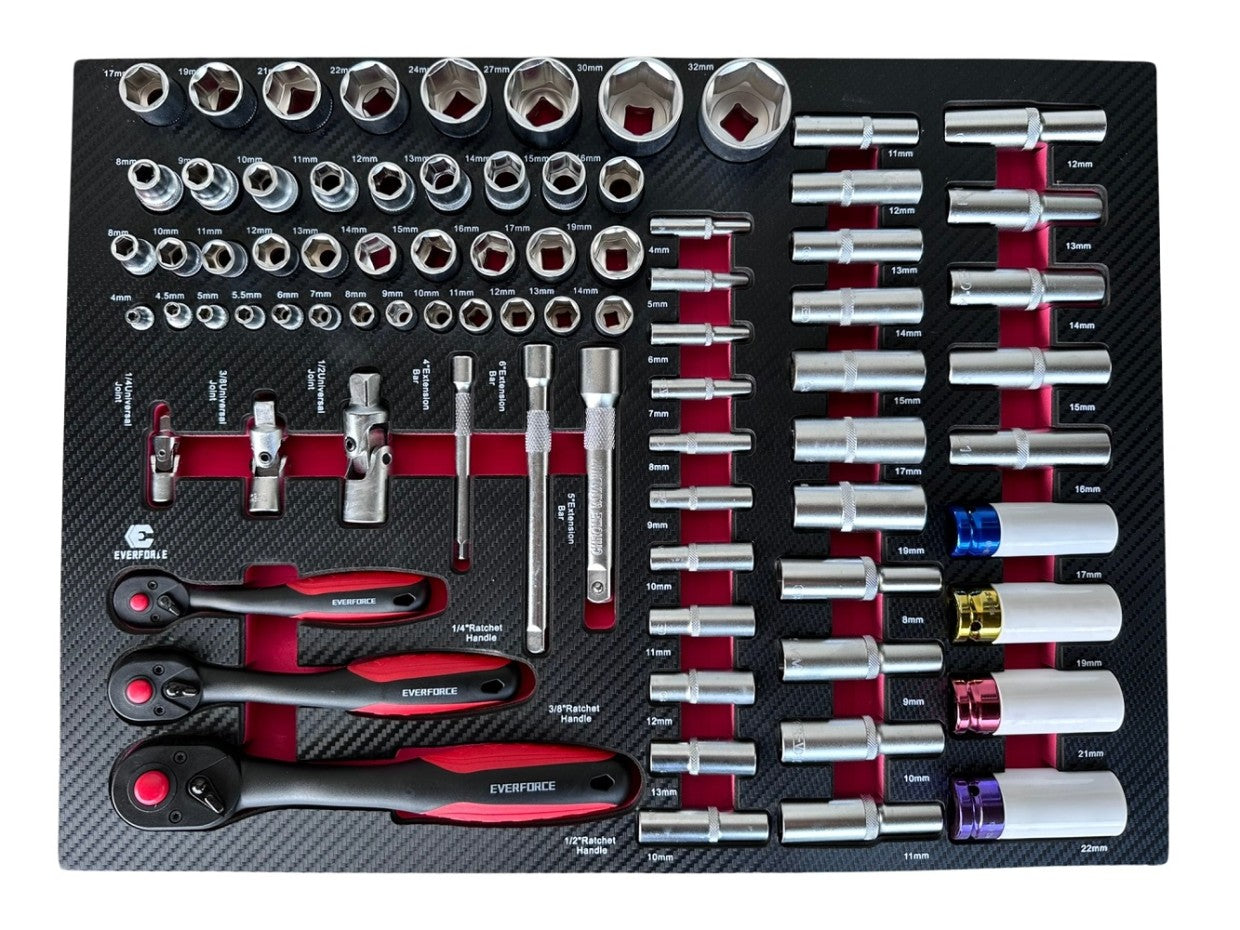 Инструментальная тележка Everforce - 7 ящиков, 7 полных ящиков, 226 предметов, 04-1010, купить в Риге комплект инструментов трещетки, головки,битки, ключи