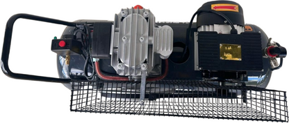 Close-up of a mechanical device with a black handle and metal components on a white background
