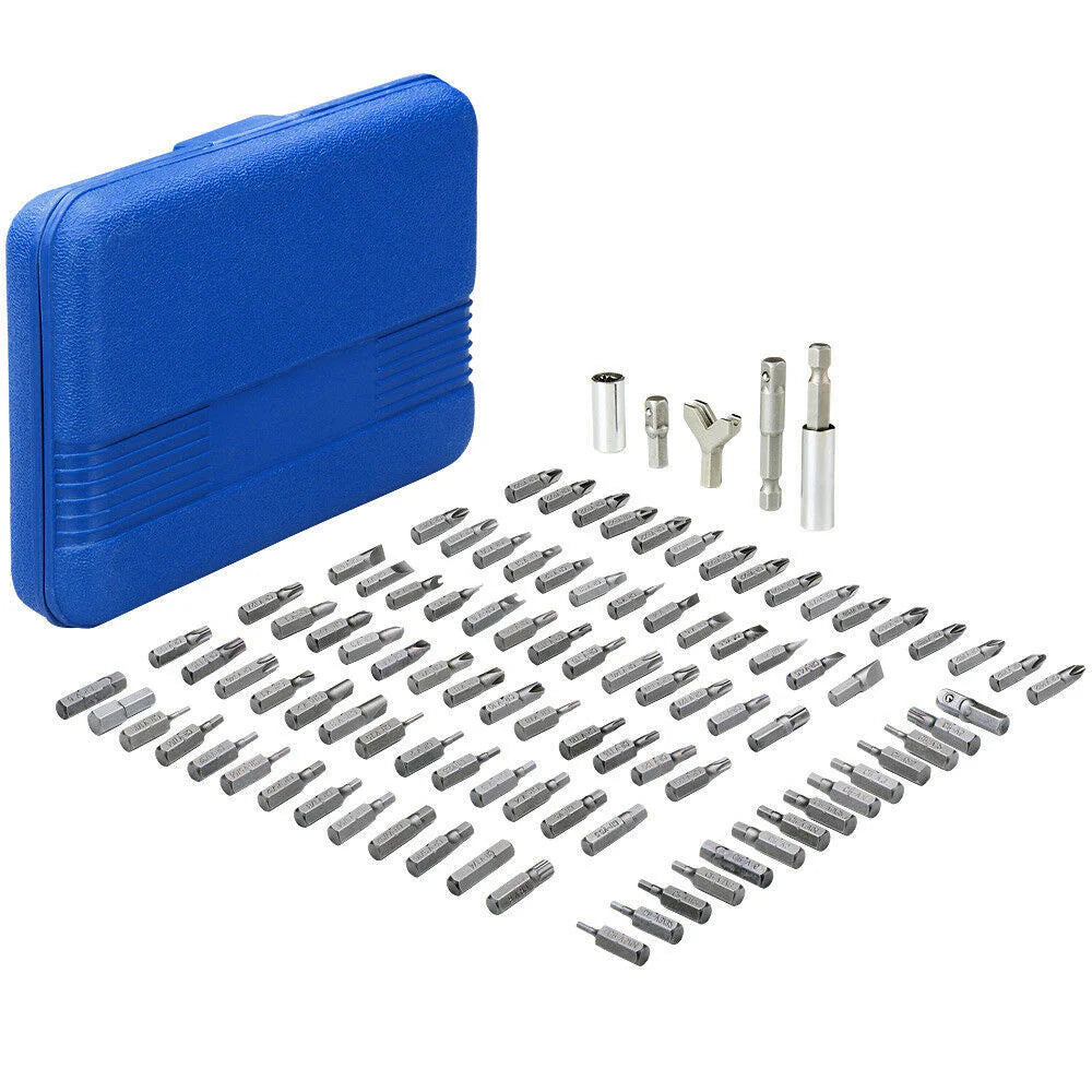 Set of drill bits and accessories with a blue case on a white background